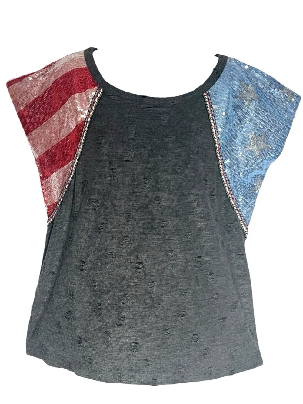 BiBi USA Flag Sequin Sleeve Top M Jersey Distressed Grunge Patriotic Americana - Picture 2 of 9